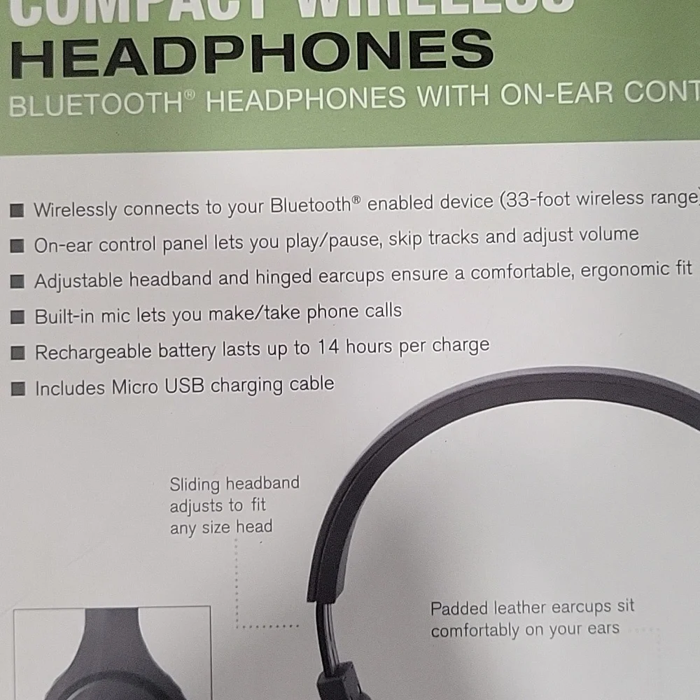 NIB Brookstone Black Compact Wireless Headphones